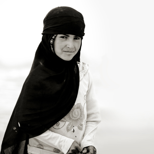 Black And White Portrait Of A Girl Wearing A Niqab, Al Hajjara, Yemen
