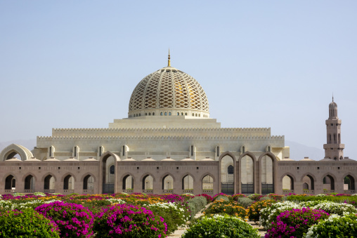 Close-up of the Sultan Qaboos Grand Mosque's golden latticed dome and minaret, Governorate of Muscat, Muscat, Oman