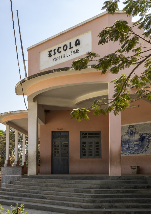 Facade of the N'Gola Kiluanje school with its sign and tiled mural, Benguela Province, Benguela, Angola